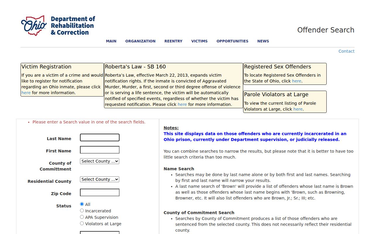 Trotwood residents directory Ohio offender search interface