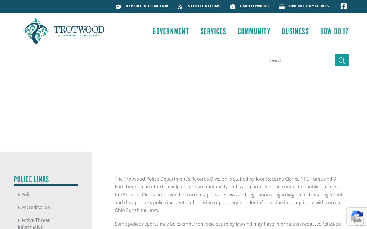 Trotwood block lookup image of the Police Records Division request page