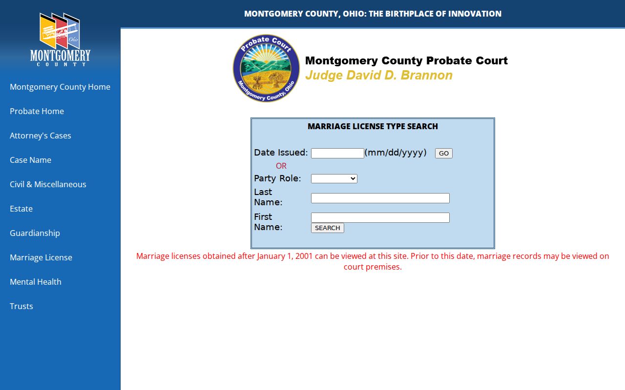 Trotwood resident record image of the Montgomery County Probate marriage search
